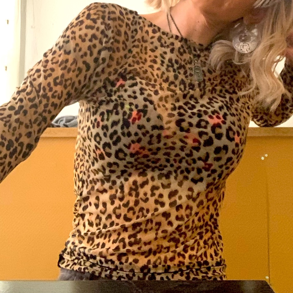 Mesh leopard print long sleeve top